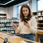 Jeune femme compare deux smartphones en magasin