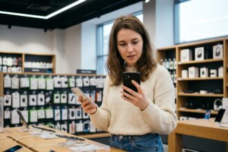 Jeune femme compare deux smartphones en magasin