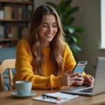 Jeune femme souriante jouant à Monopoly sur smartphone à la maison