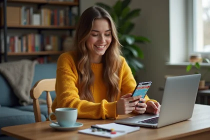 Jeune femme souriante jouant à Monopoly sur smartphone à la maison