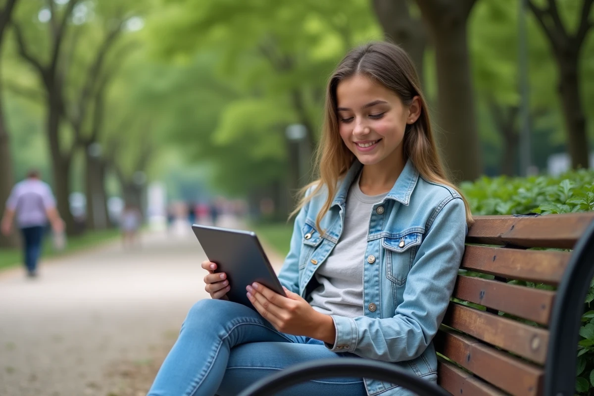 Adolescente lisant un scan manga dans un parc en plein air