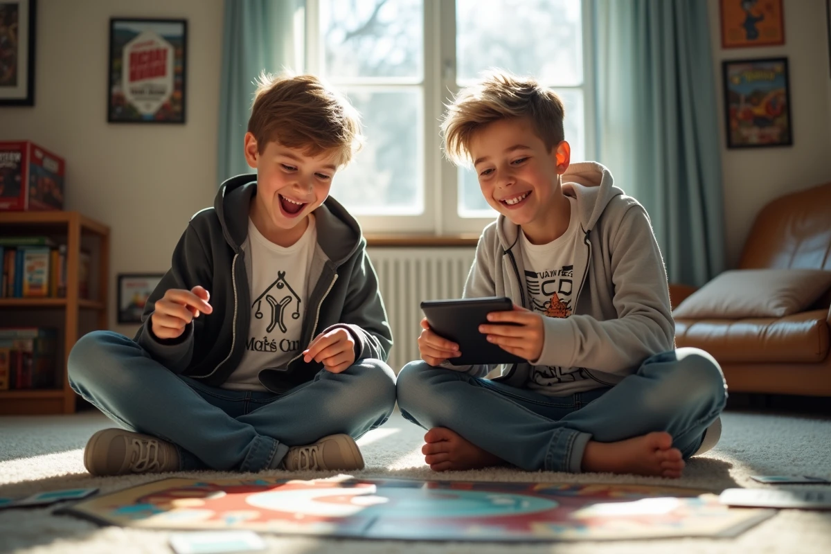 Adolescent montrant récompense Monopoly GO à son ami sur tablette