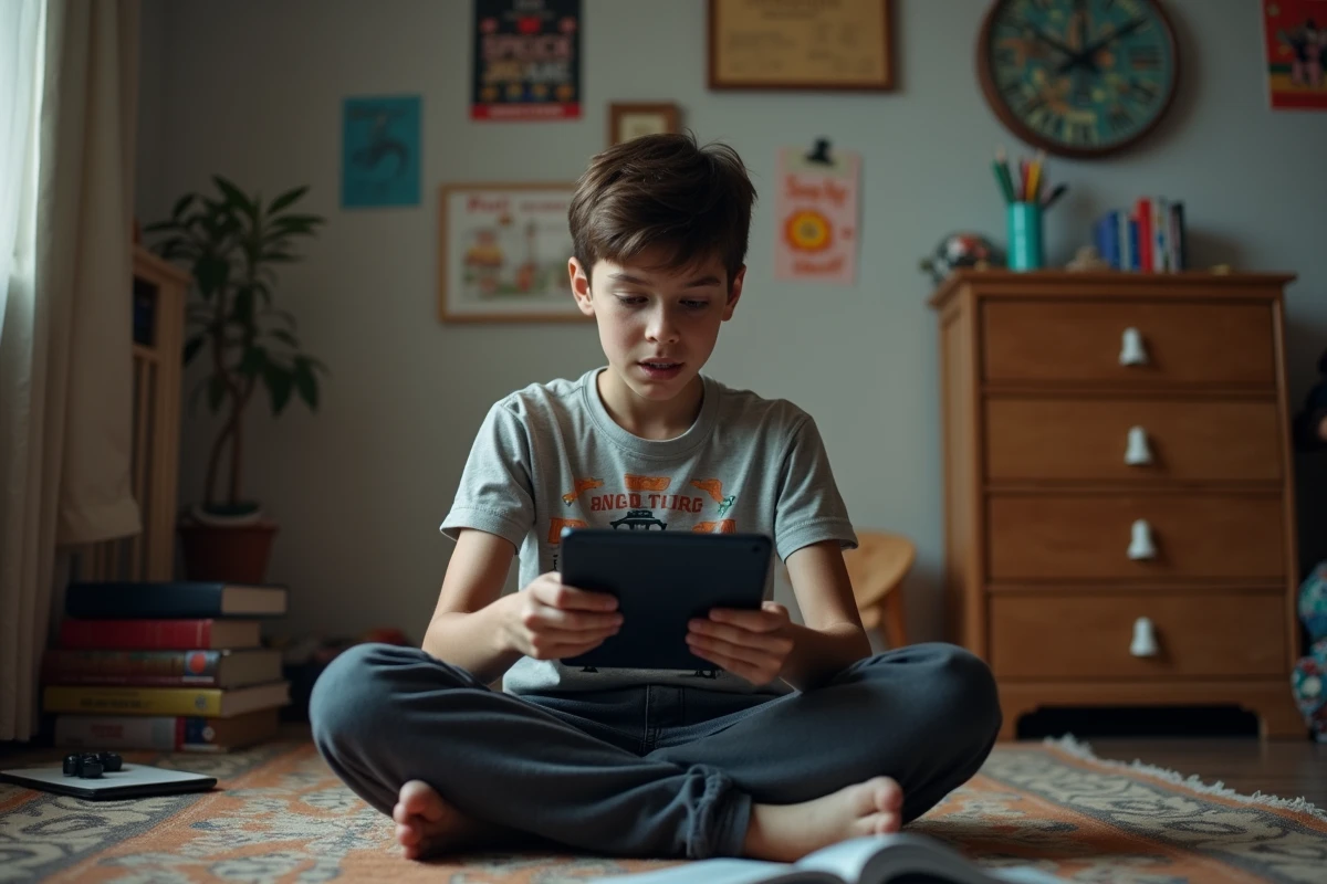 Adolescent jouant en ligne sur sa tablette dans sa chambre