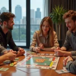 Groupe de quatre adultes jouant à un jeu de société dans un salon moderne