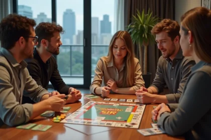 Groupe de quatre adultes jouant à un jeu de société dans un salon moderne