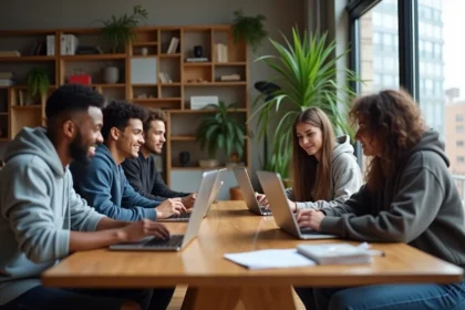 Groupe de jeunes adultes travaillant ensemble sur un projet