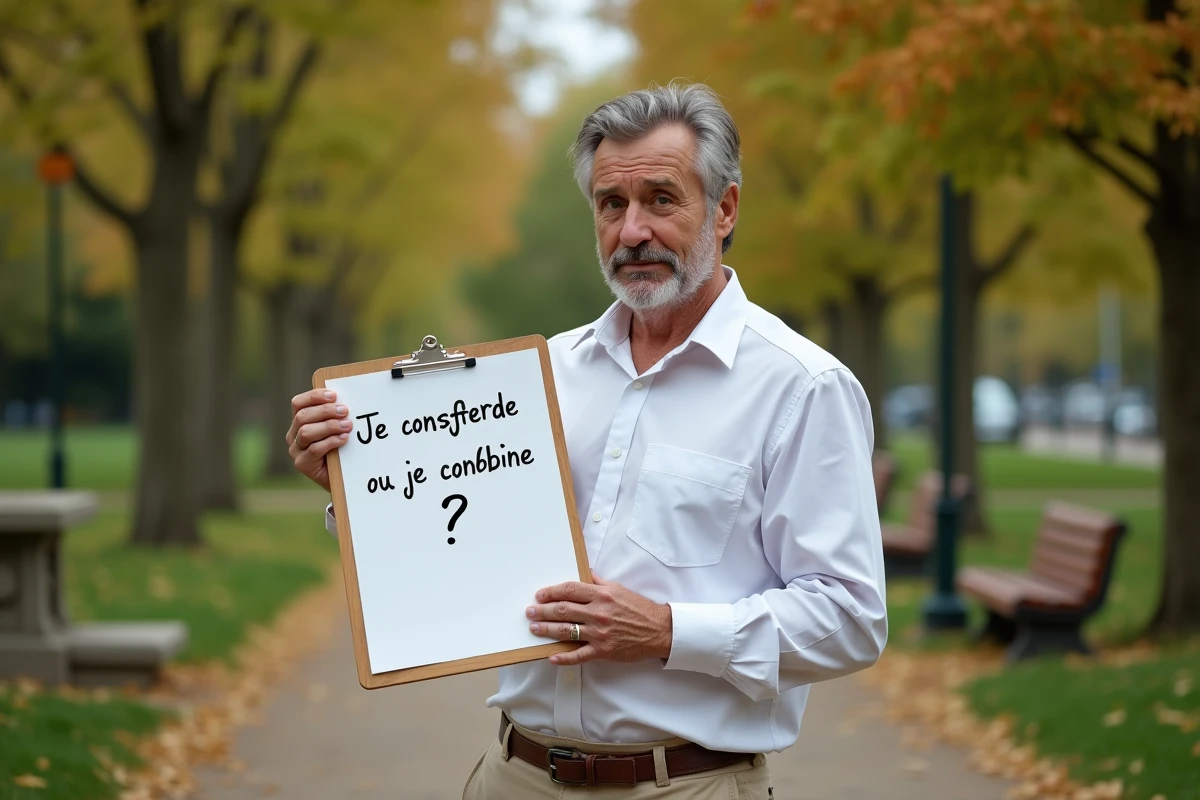 Homme dans un parc lisant un panneau avec une question