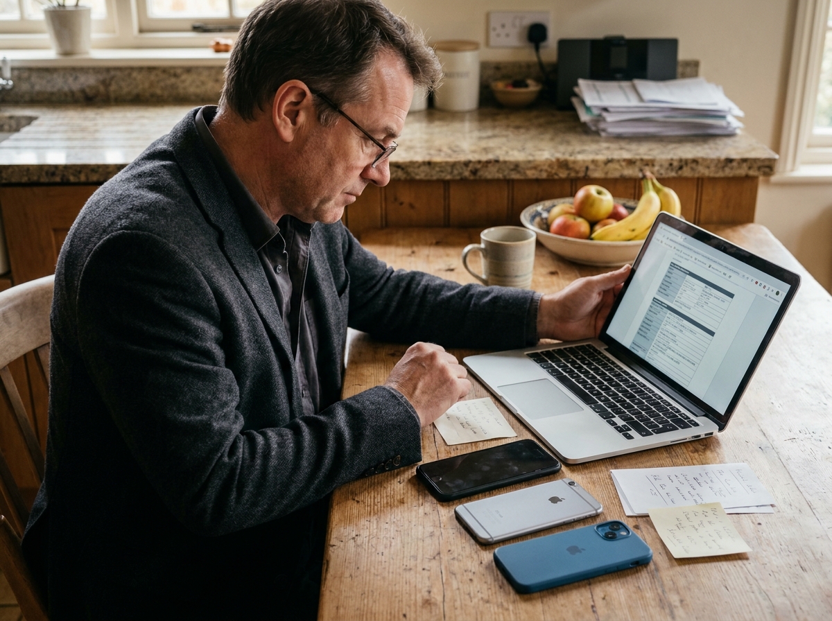 Homme regarde spécifications de téléphones à la maison
