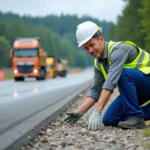 Ingénieur de chantier en vestiaire haute visibilité inspectant la route
