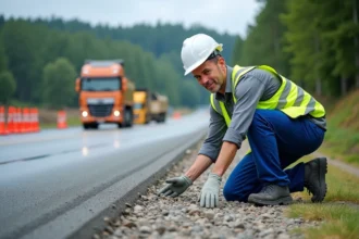 Ingénieur de chantier en vestiaire haute visibilité inspectant la route