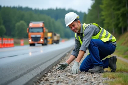 Ingénieur de chantier en vestiaire haute visibilité inspectant la route