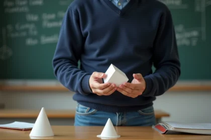 Jeune étudiant en classe avec modèles géométriques