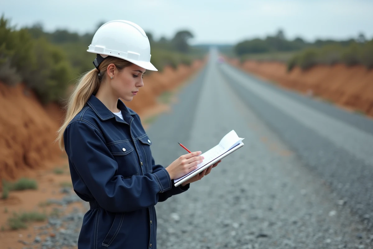 Jeune ingénieure civile vérifiant le site de construction routière