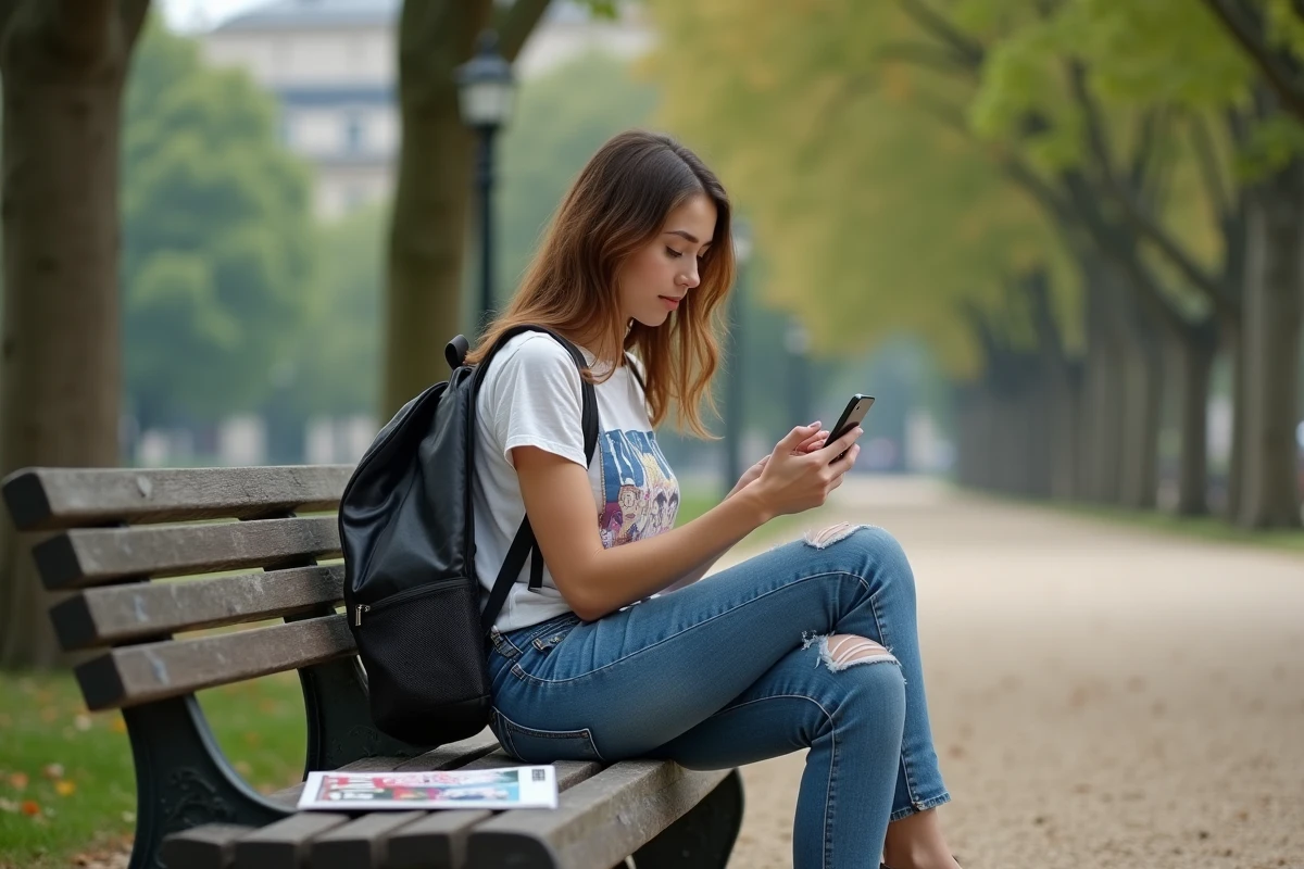Jeune femme lisant manga sur smartphone dans un parc parisien