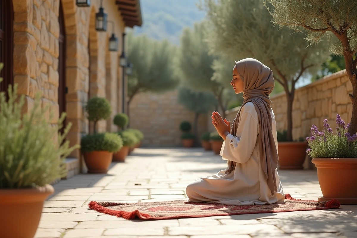 Jeune femme en hijab prie dans une cour en été