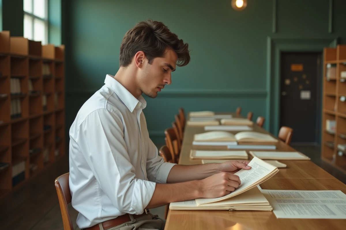 Jeune homme feuillette des documents dans une salle d archives