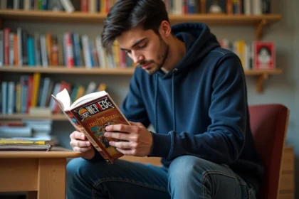 Jeune homme lisant un manga One Piece en français