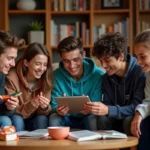 Groupe d'ados français lisant manga dans un salon convivial