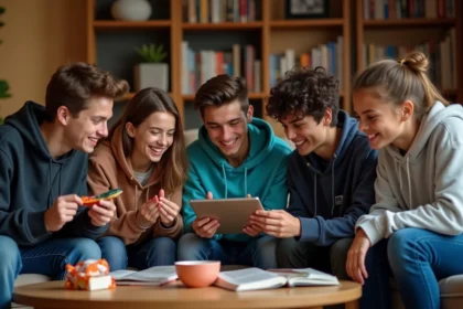 Groupe d'ados français lisant manga dans un salon convivial
