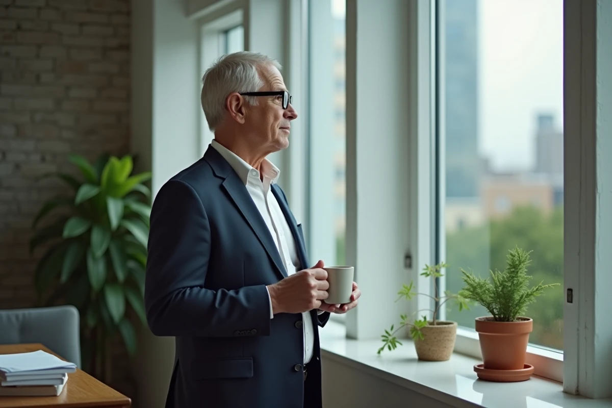 Manager pensif regardant par la fenetre de bureau