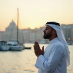 Homme en djellaba prie au port au lever du soleil