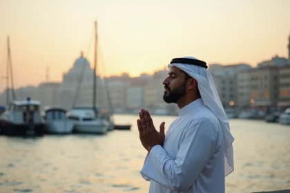 Homme en djellaba prie au port au lever du soleil