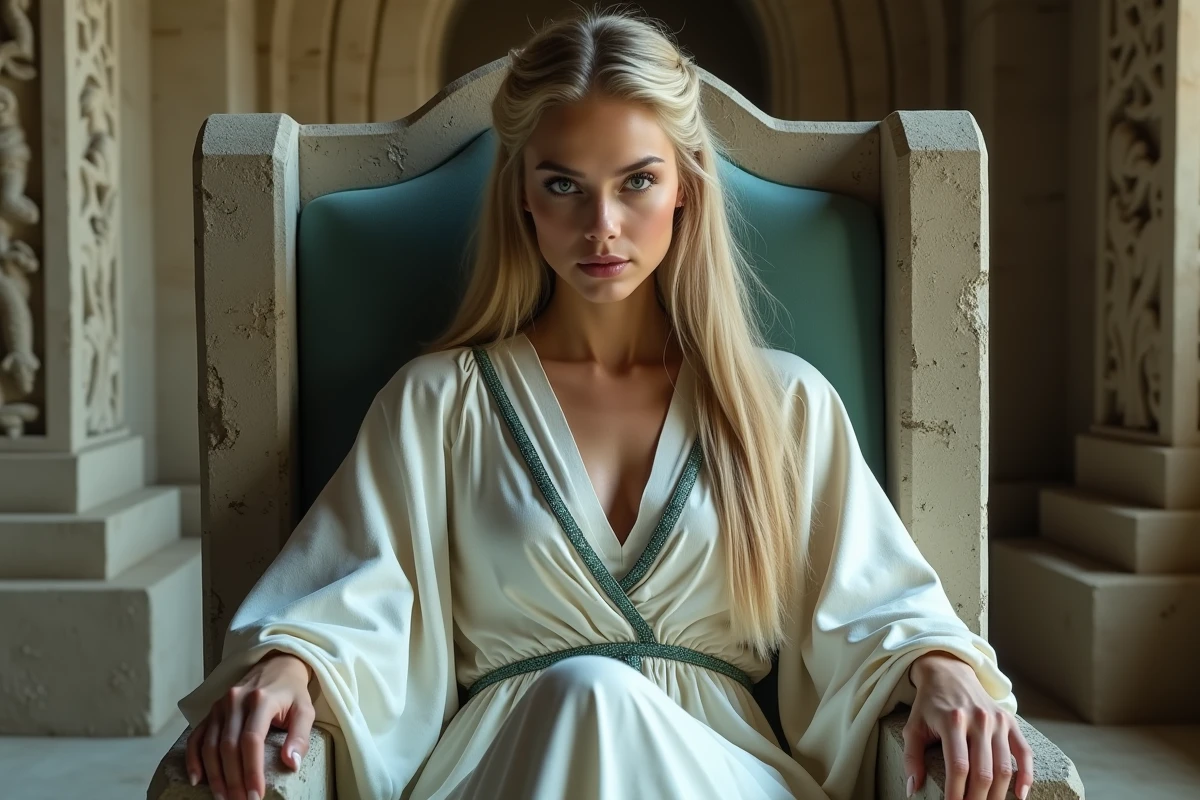 Femme au regard stoïque assise sur un trône de pierre, vêtue d'un costume blanc et ivoire inspiré de Halibel l'Espada de Bleach