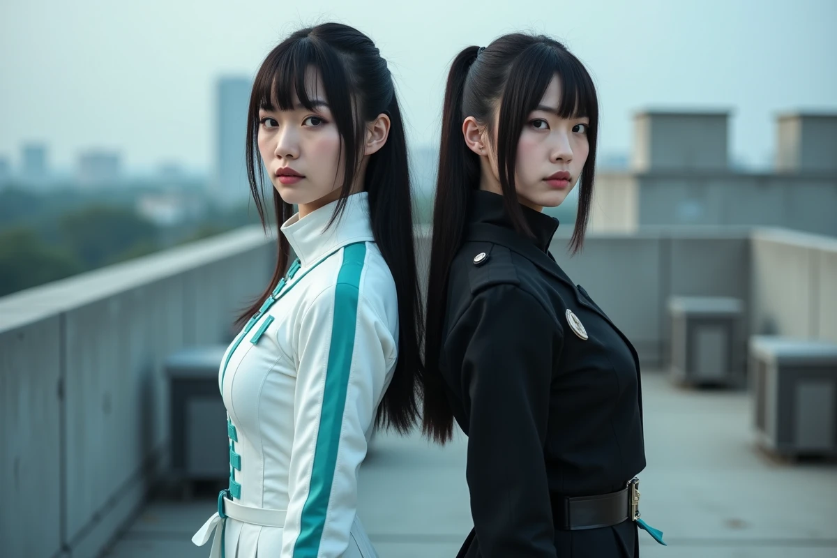 Deux femmes en costumes inspirés de Bleach dos à dos sur un rooftop urbain, évoquant l'opposition entre Espada et Soul Reaper