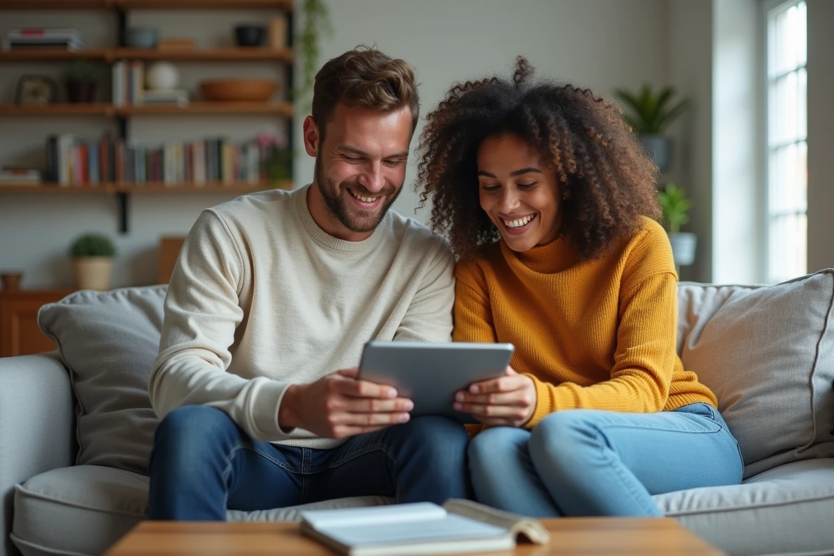 Deux amis regardant ensemble des récompenses de jeu mobile sur une tablette dans un salon moderne
