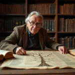 Conservateur de musée étudiant un arbre généalogique des dieux grecs Zeus et Titans dans une bibliothèque classique européenne
