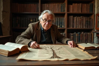 Conservateur de musée étudiant un arbre généalogique des dieux grecs Zeus et Titans dans une bibliothèque classique européenne