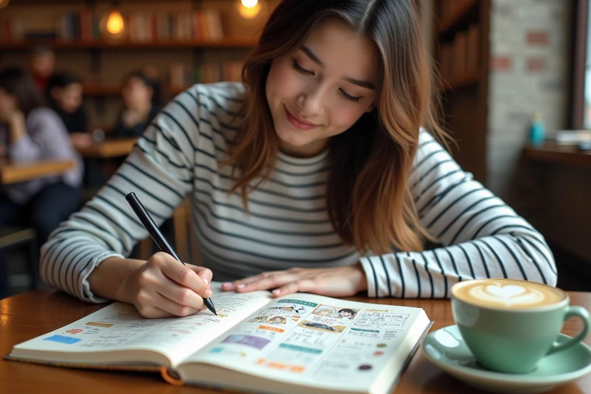 Jeune femme rédigeant un planning de lecture manga dans un bullet journal dans un café urbain