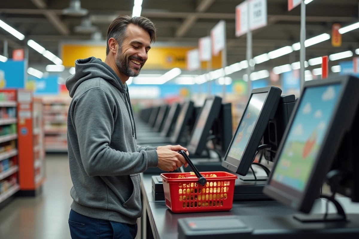 Homme utilisant une caisse automatique Lidl le matin sans attente, magasin quasi désert