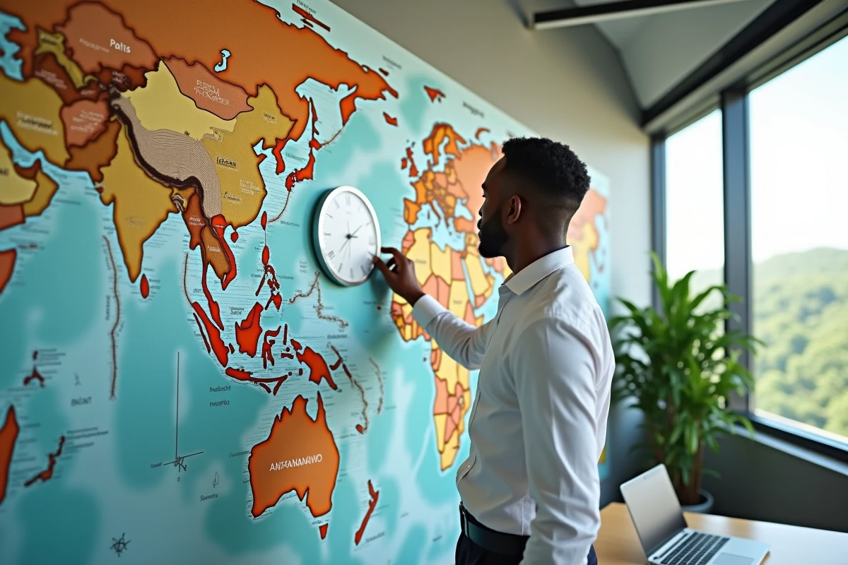 Professionnel malgache présentant une carte des fuseaux horaires mondiaux dans un bureau à Madagascar avec les horaires de Paris et d'Antananarivo