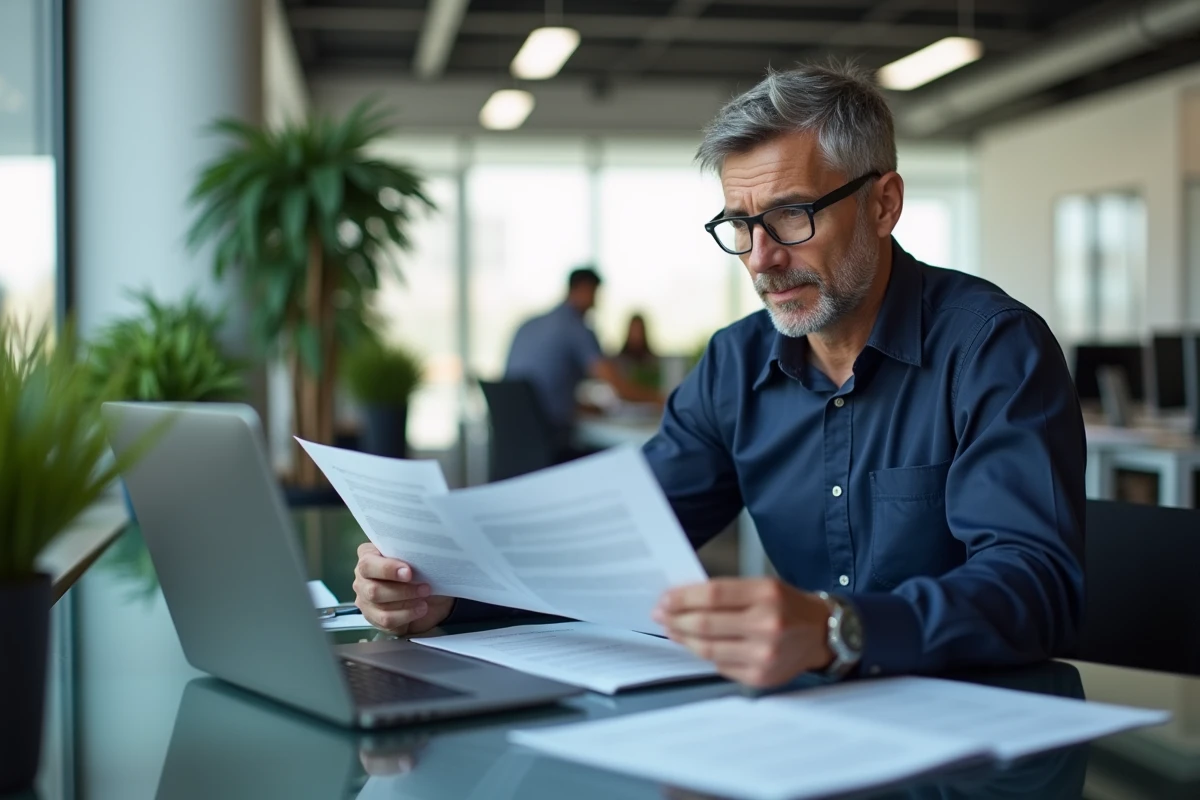 Homme comparant deux versions d'un texte reformulé côte à côte dans un bureau moderne avec un ordinateur portable ouvert