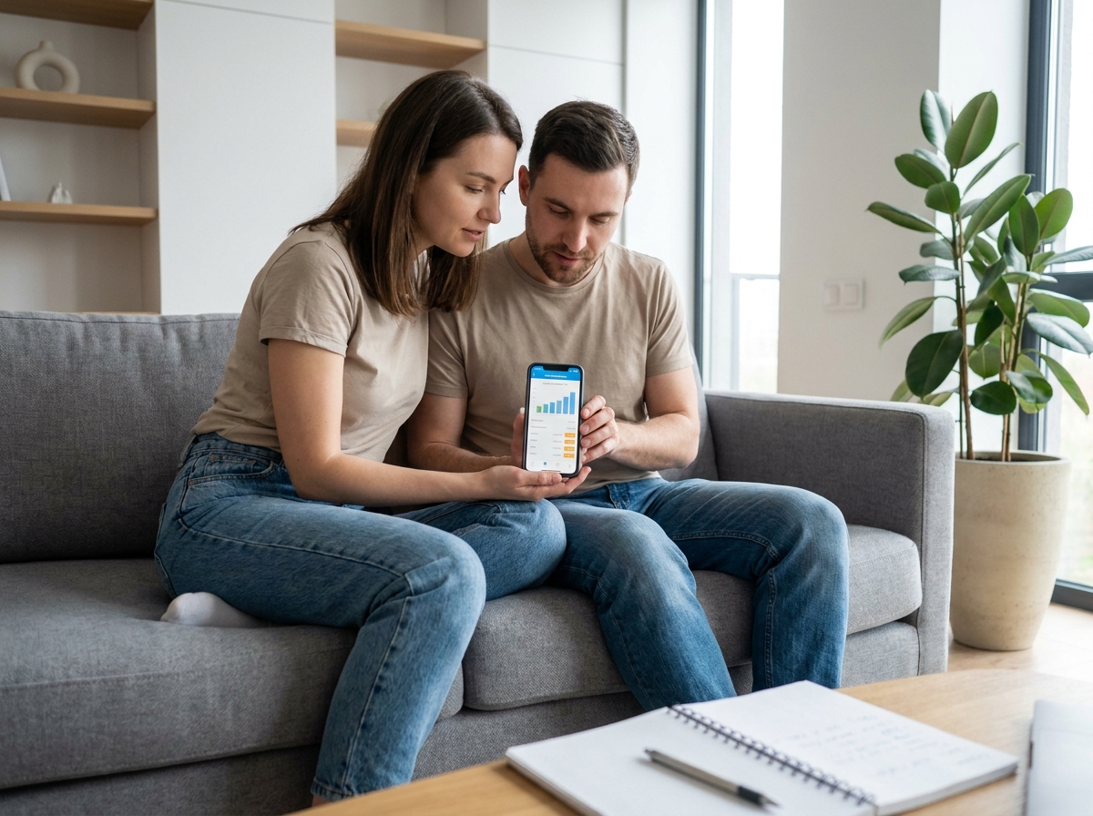 Couple consultant une application de simulation de crédit sur smartphone dans un salon moderne