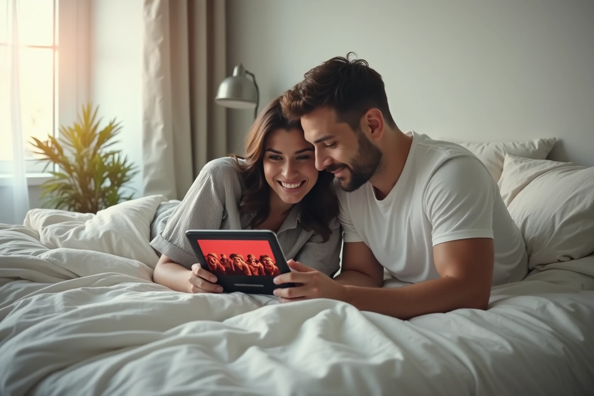 Couple regardant ensemble une série espagnole sur tablette dans leur chambre, ambiance détente weekend Netflix