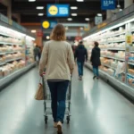 Femme faisant ses courses tranquillement dans un Lidl vide le matin tôt, allée bien approvisionnée
