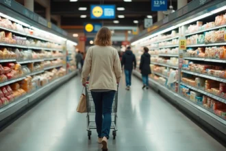 Femme faisant ses courses tranquillement dans un Lidl vide le matin tôt, allée bien approvisionnée