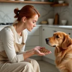 Femme examinant des croquettes sans céréales dans sa main face à son chien golden retriever dans une cuisine moderne