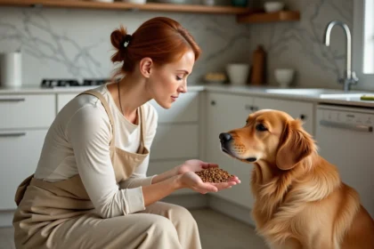 Femme examinant des croquettes sans céréales dans sa main face à son chien golden retriever dans une cuisine moderne