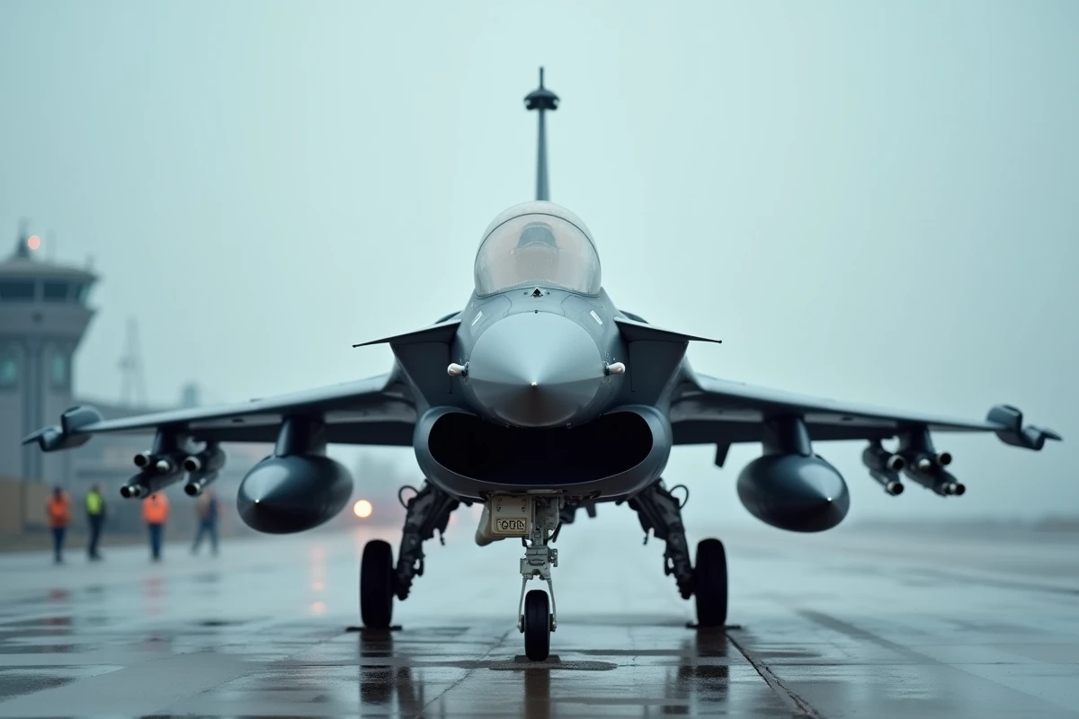 Chasseur moderne Eurofighter Typhoon en train de rouler sur une piste mouillée, avec les ailes delta et les points d'emport bien visibles
