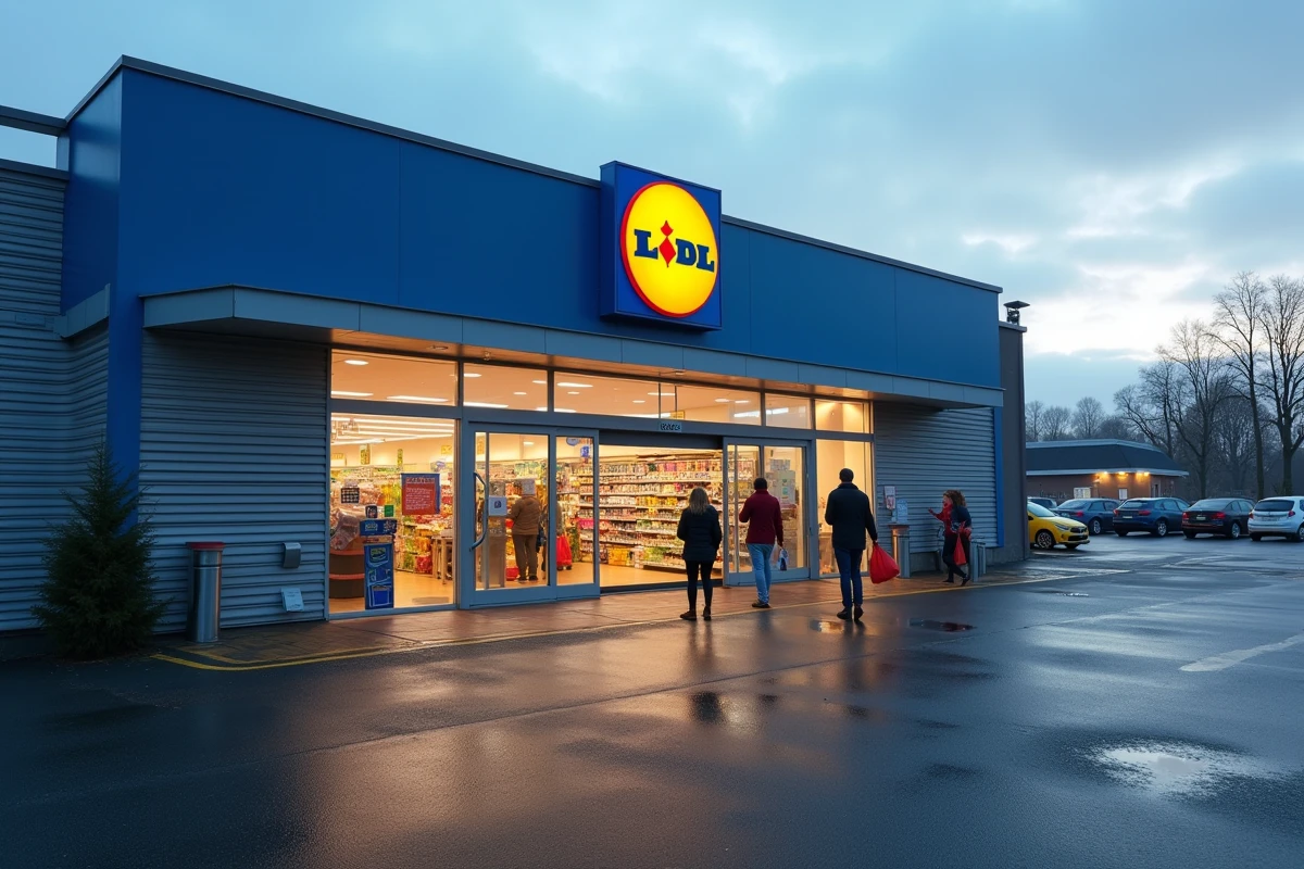 Extérieur d'un supermarché Lidl à l'ouverture le matin avec parking vide et clients arrivant