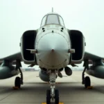 Avion de chasse F-4 Phantom II sur un tarmac militaire, vue en trois quarts avant montrant la carlingue vieillie et les moteurs jumeaux
