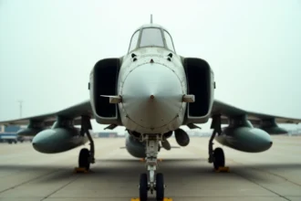 Avion de chasse F-4 Phantom II sur un tarmac militaire, vue en trois quarts avant montrant la carlingue vieillie et les moteurs jumeaux