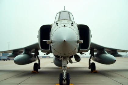 Avion de chasse F-4 Phantom II sur un tarmac militaire, vue en trois quarts avant montrant la carlingue vieillie et les moteurs jumeaux