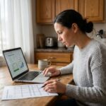 Femme utilisant une calculette de crédit en ligne sur un ordinateur portable à une table de cuisine en bois