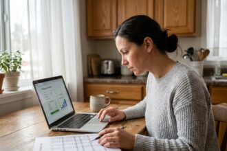 Femme utilisant une calculette de crédit en ligne sur un ordinateur portable à une table de cuisine en bois