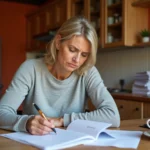 Femme remplissant un formulaire administratif avec la mention Sonstiges, cherchant sa traduction en français
