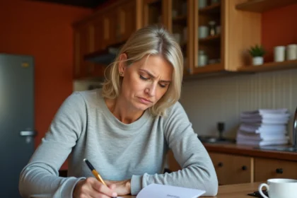 Femme remplissant un formulaire administratif avec la mention Sonstiges, cherchant sa traduction en français